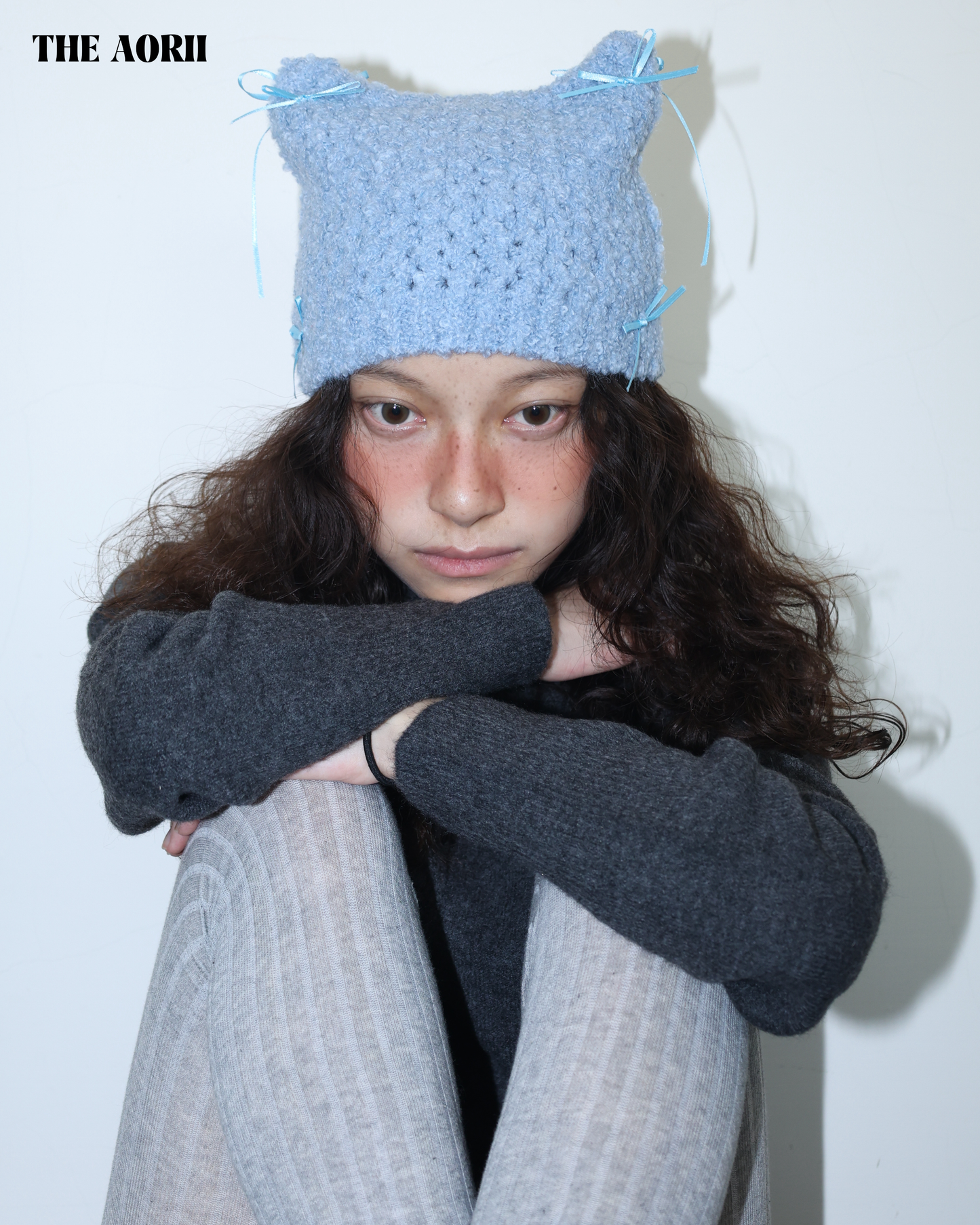 25273(4color) - 藍 15%羊毛蝴蝶結貓耳針織帽