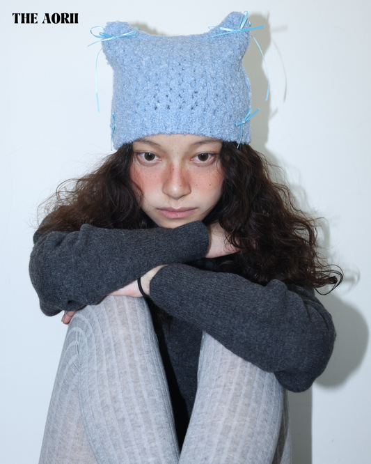 25273(4color) - 藍 15%羊毛蝴蝶結貓耳針織帽