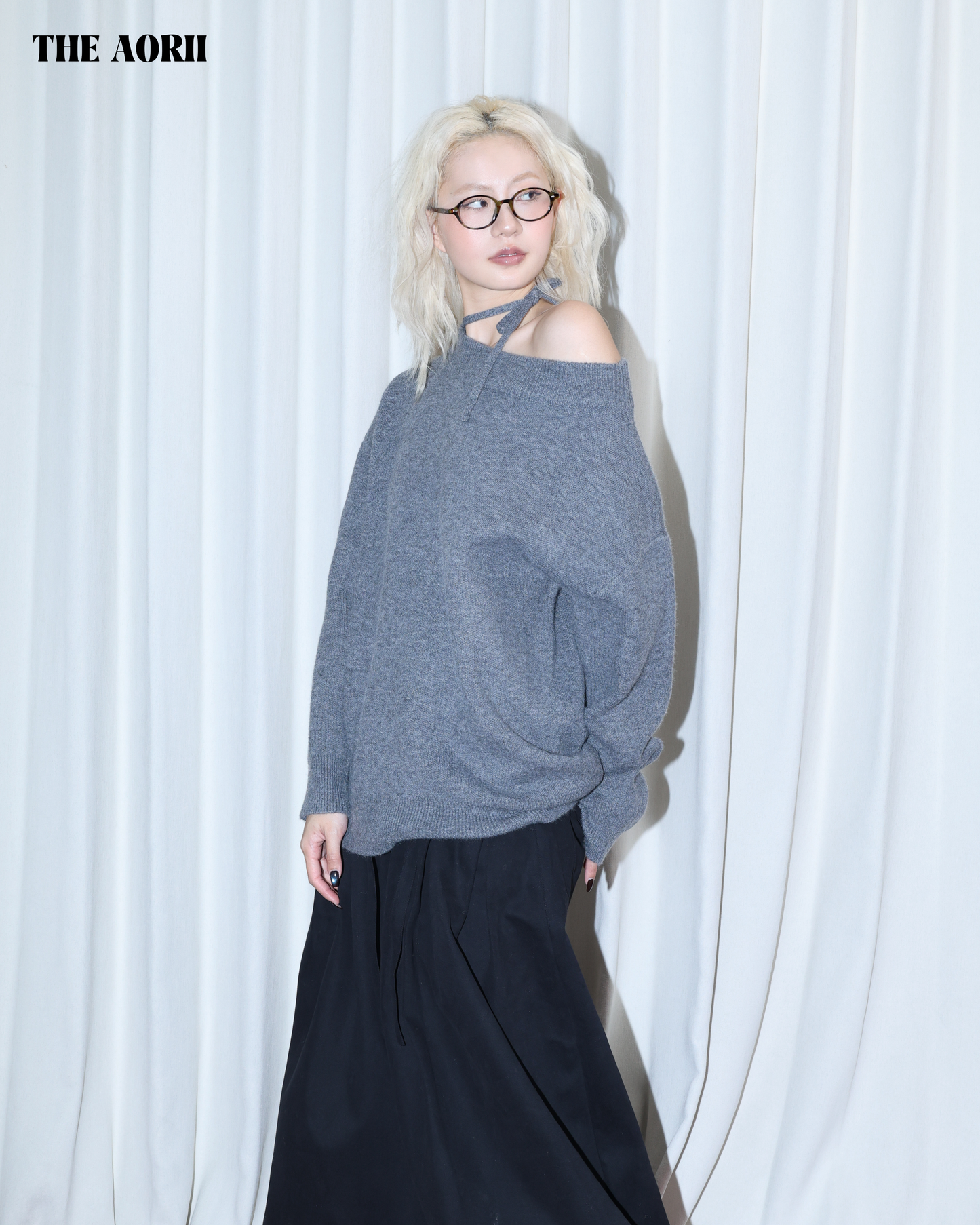 26016 (2color) - 灰 8%羊毛斜肩綁帶毛衣