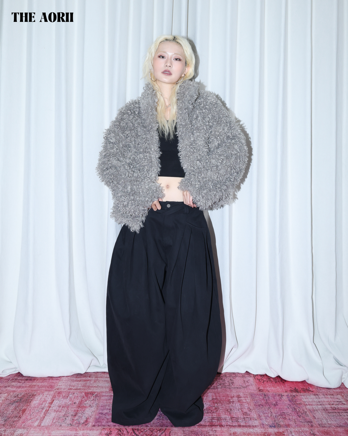 KR25010(2color) - 綠 "正韓"小卷毛立領外套