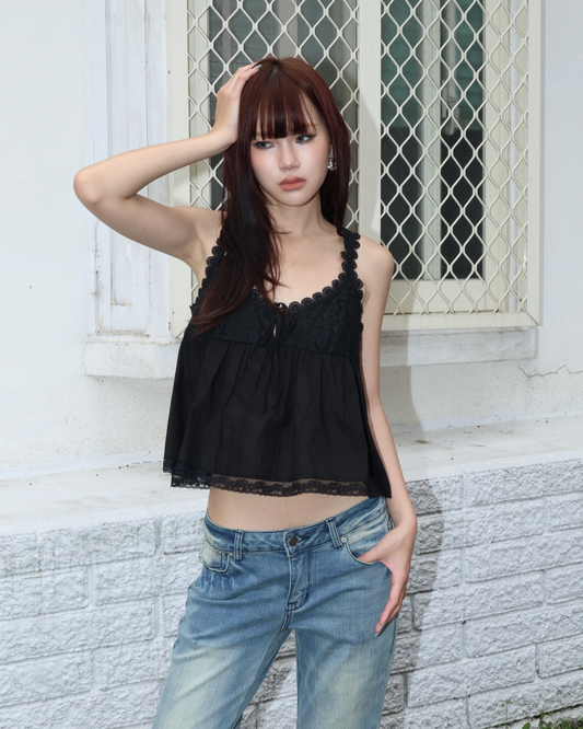 26072(2color) - 黑 蕾絲綁帶吊帶背心
