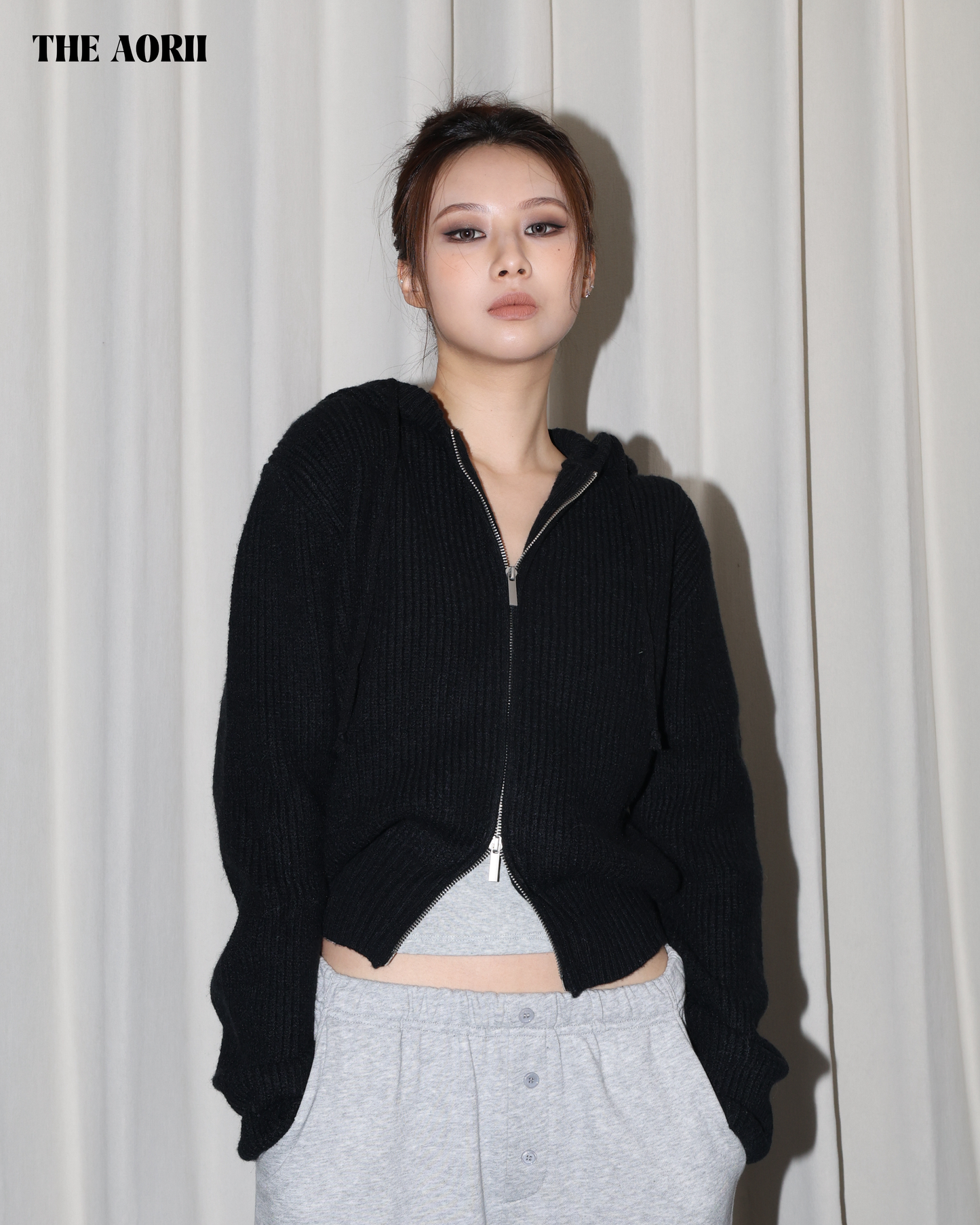 25239(2color) - 黑 連帽雙拉鏈針織外套