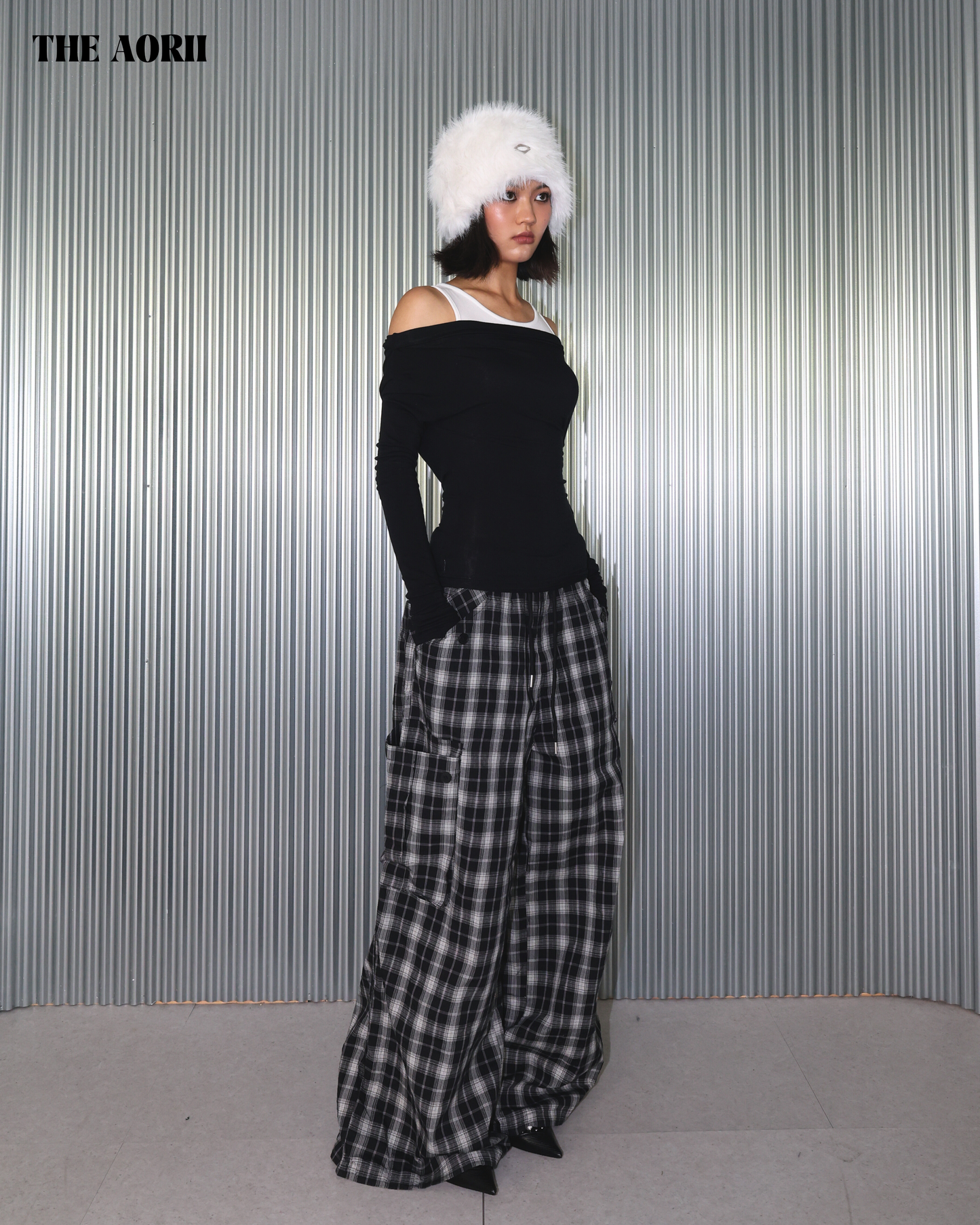 25256 - 格紋抽繩闊腿工裝束口褲