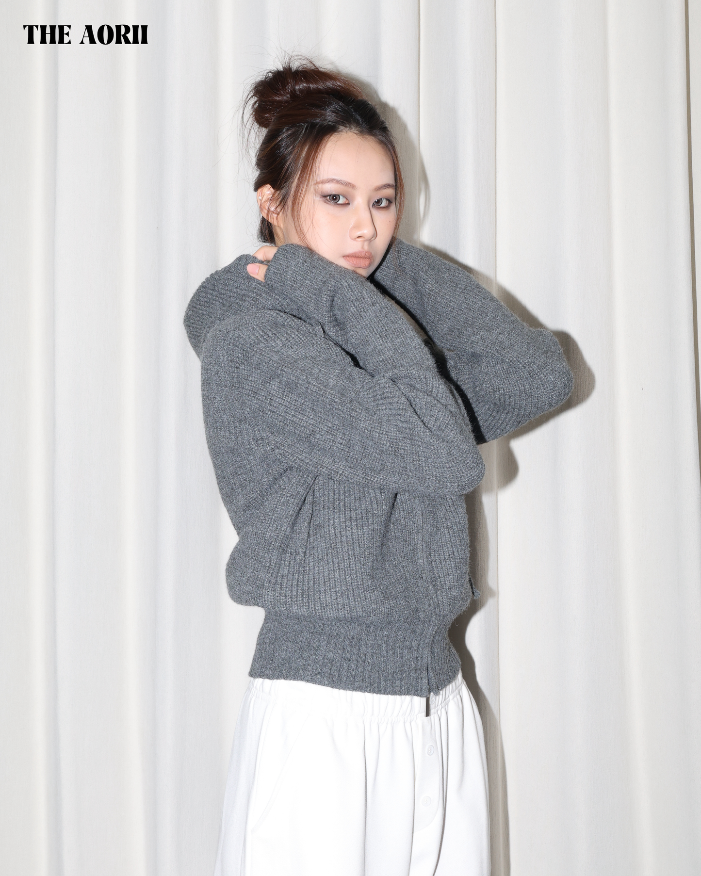 25239(2color) - 灰 連帽雙拉鏈針織外套