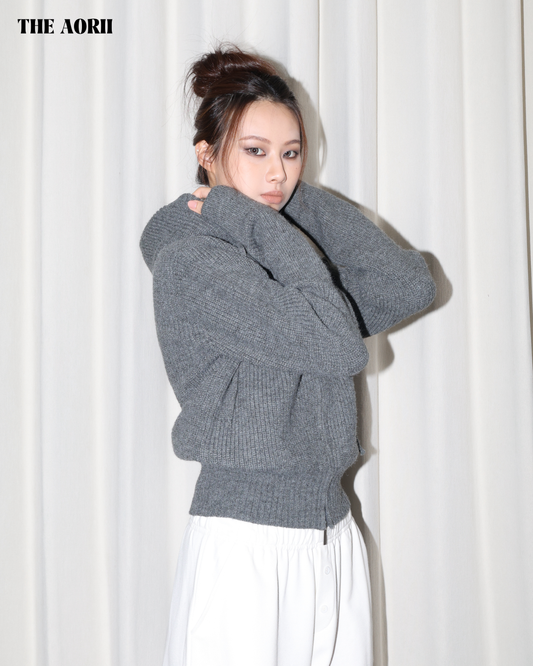 25239(2color) - 灰 連帽雙拉鏈針織外套