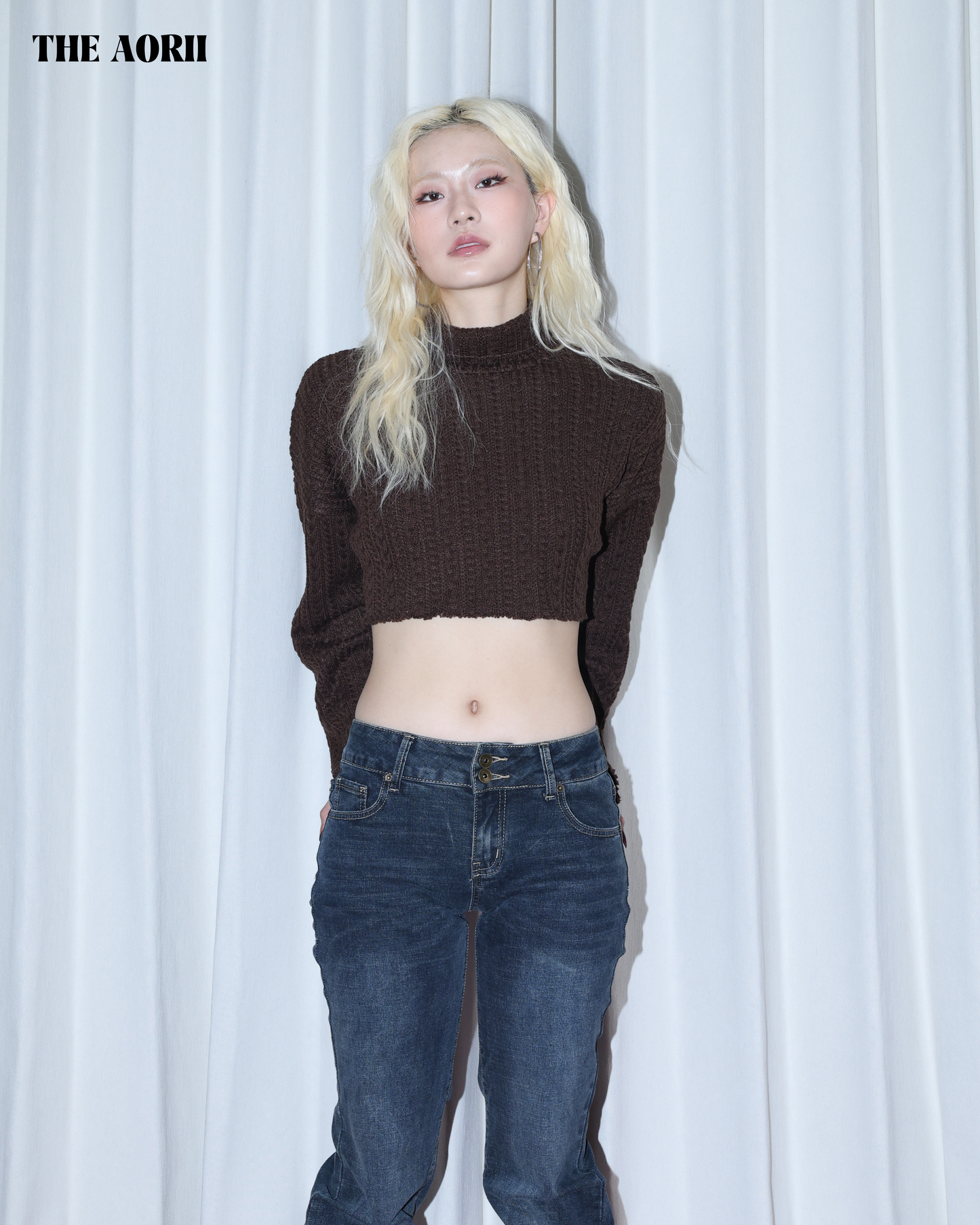 KR25003(2color) - 咖 "正韓"小高領短版針織上衣