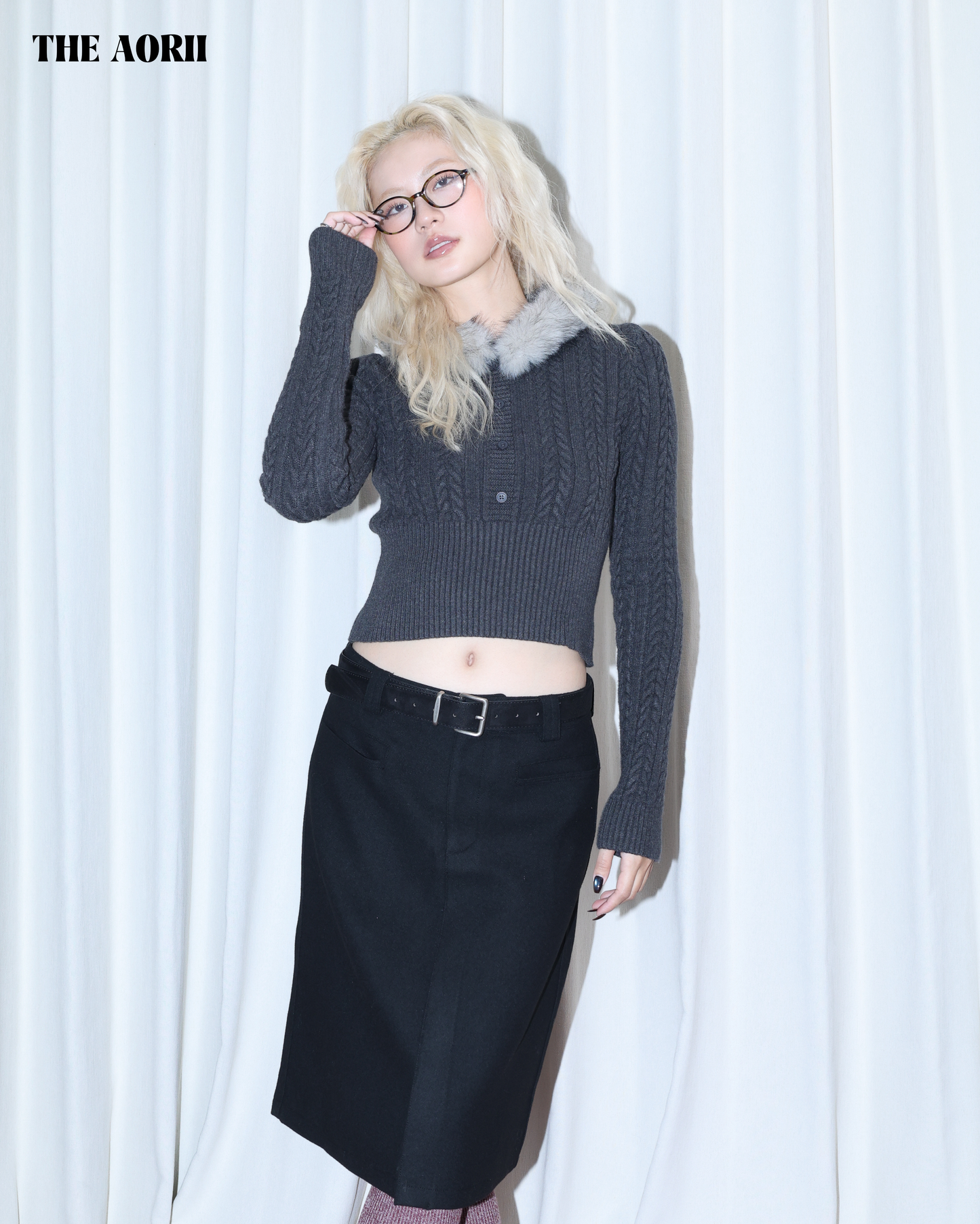 26002 (2color) - 灰 毛毛針織排扣收腰長袖上衣(毛毛可拆)