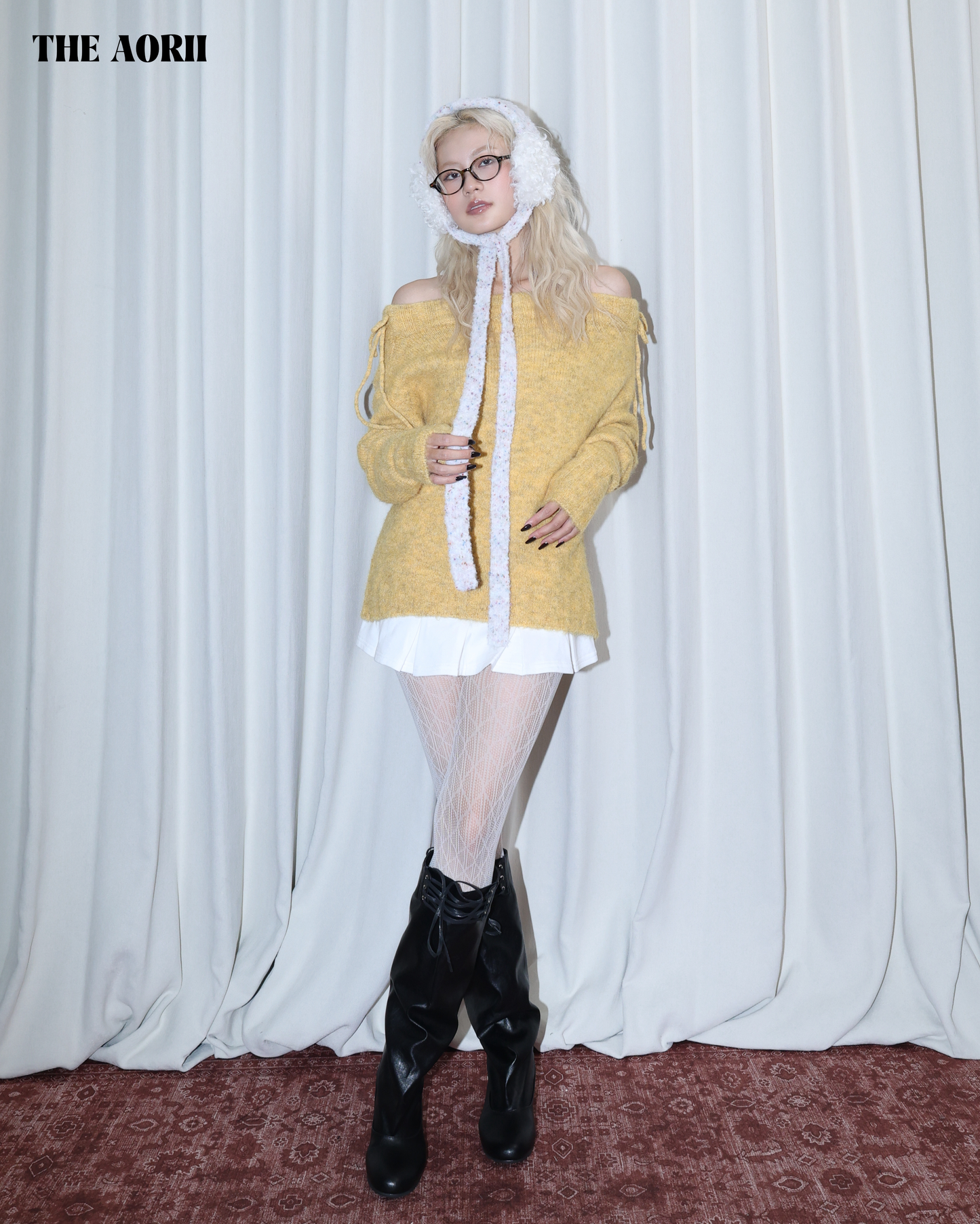 26009 (2color) - 黃 5%羊毛一字領綁帶毛衣