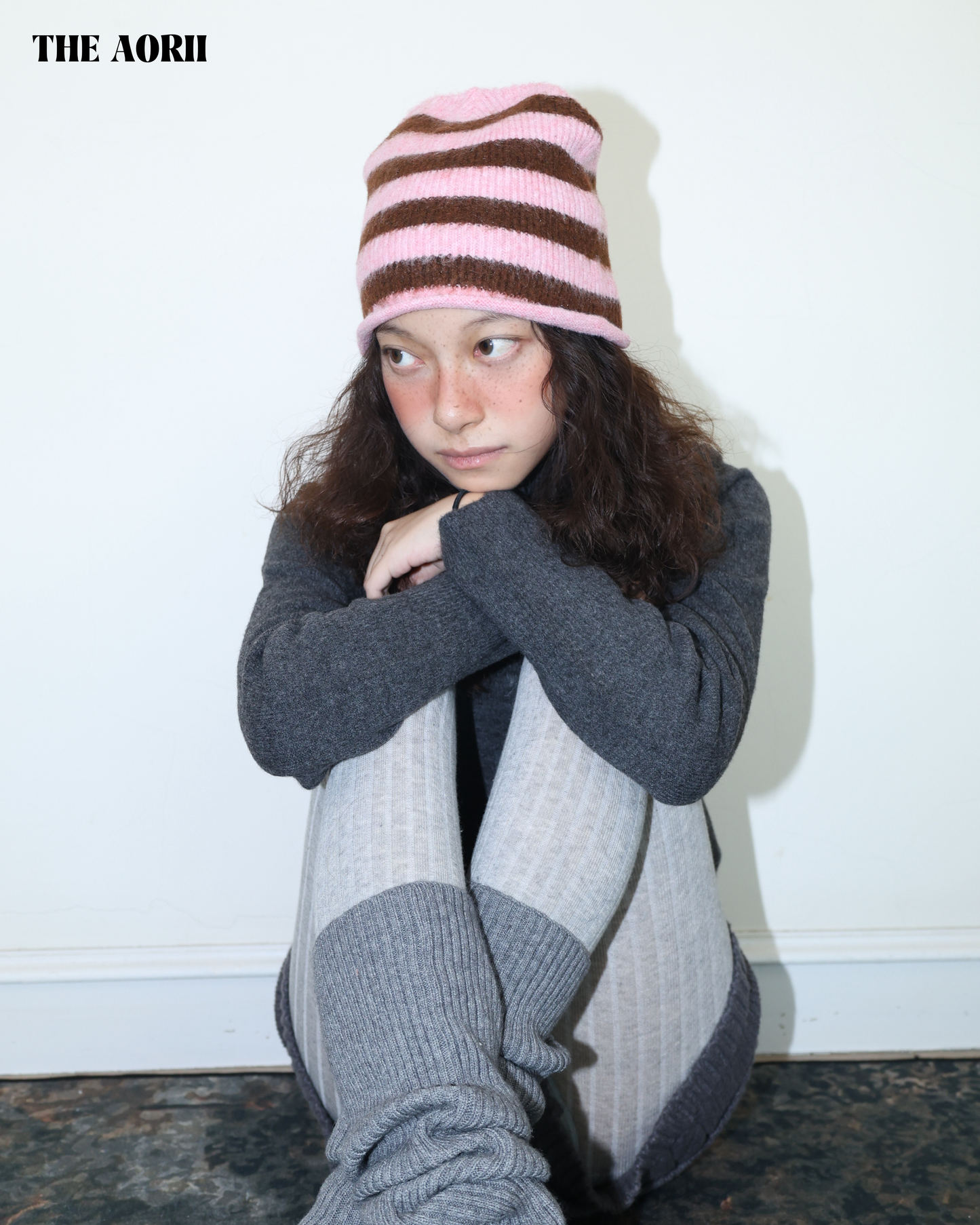 25275(2color) - 粉 6%羊毛條紋捲邊針織帽