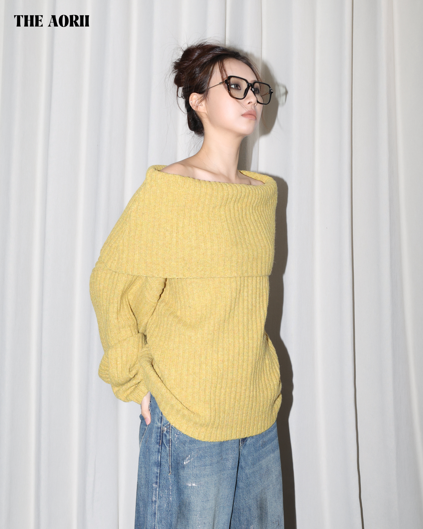 25235(2color) - 黃 10%羊毛反折一字領針織毛衣