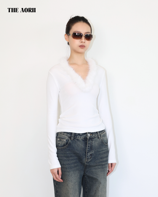 20222(2color) - 白 毛毛Ｖ領長袖修身上衣