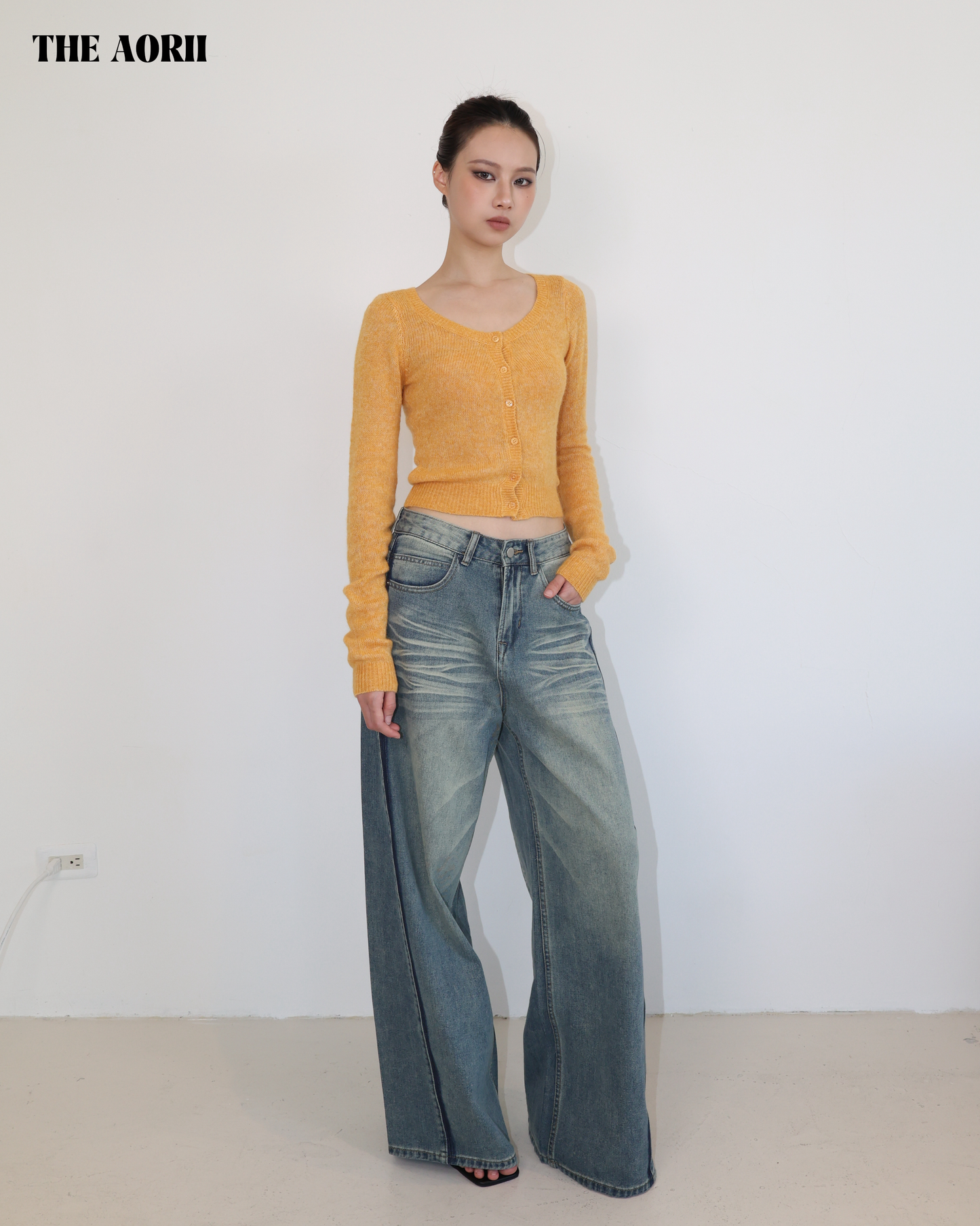 20214(3color) - 橙 羊毛排扣針織長袖上衣