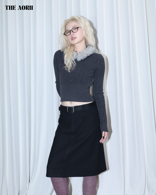 26002 (2color) - 灰 毛毛針織排扣收腰長袖上衣(毛毛可拆)