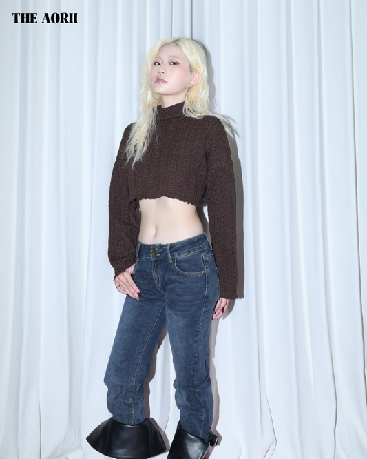 KR25003(2color) - 咖 "正韓"小高領短版針織上衣