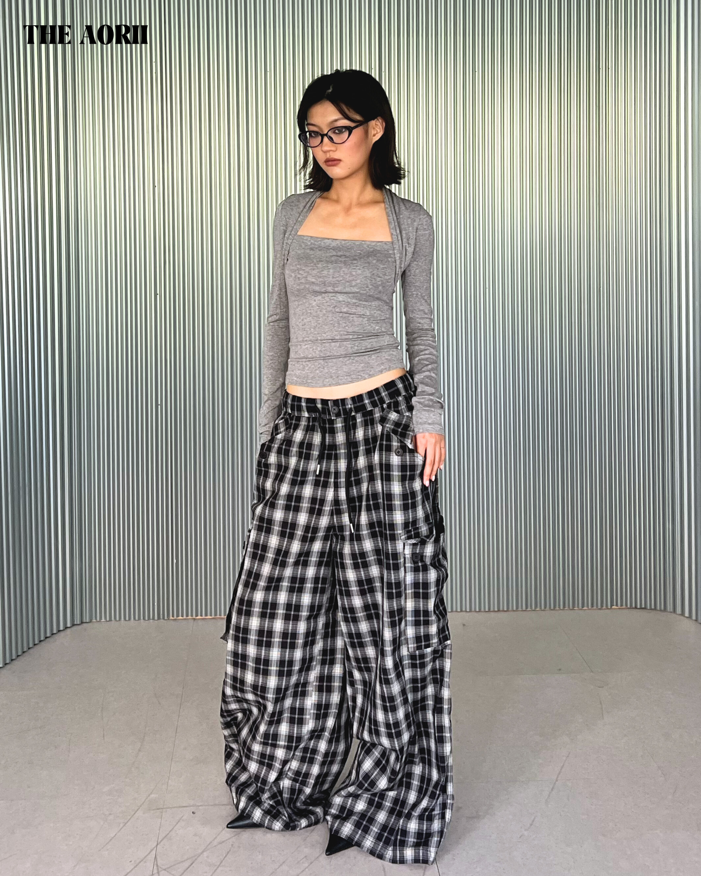 25256 - 格紋抽繩闊腿工裝束口褲