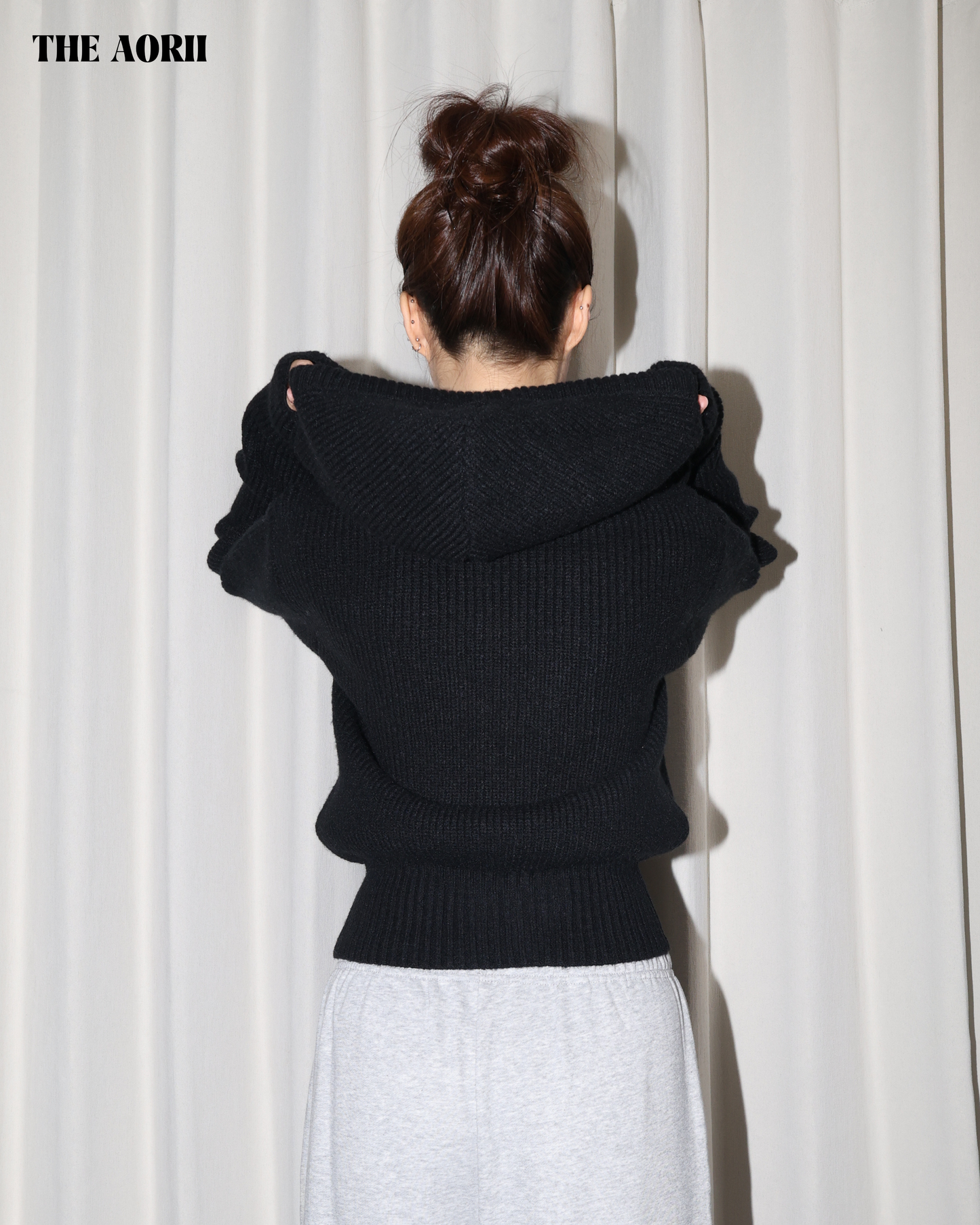 25239(2color) - 黑 連帽雙拉鏈針織外套