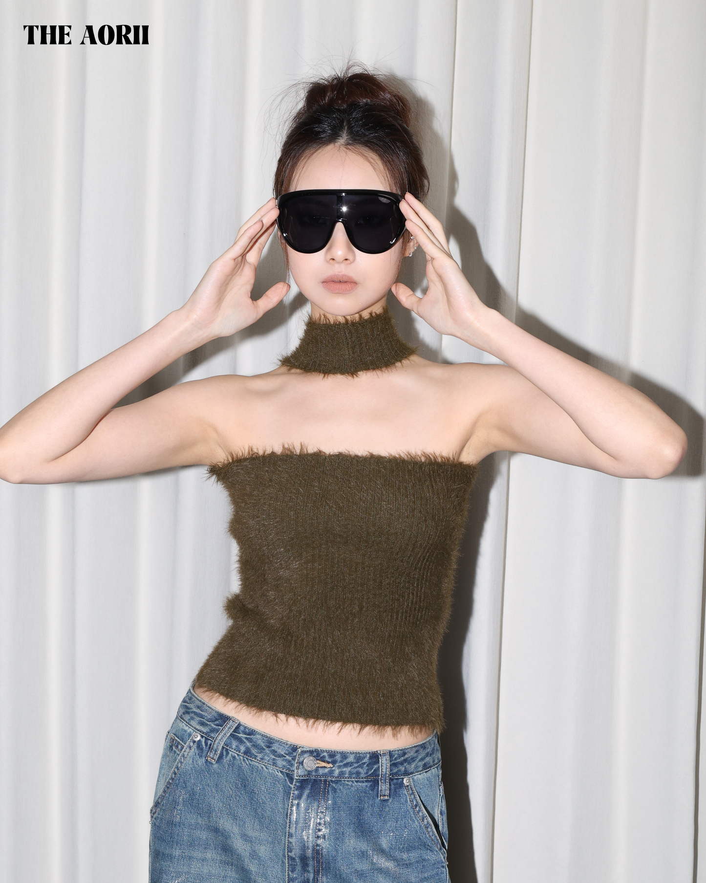 25242(4color) - 綠 水貂毛繞脖削肩針織背心