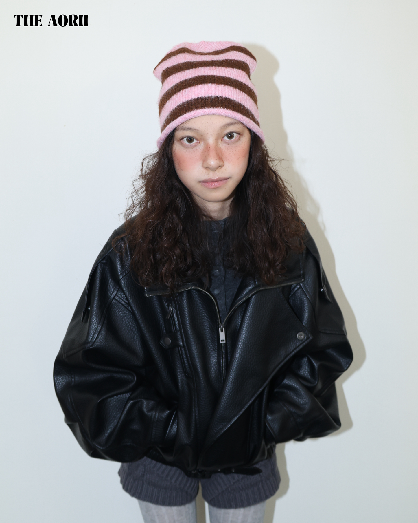 25275(2color) - 粉 6%羊毛條紋捲邊針織帽