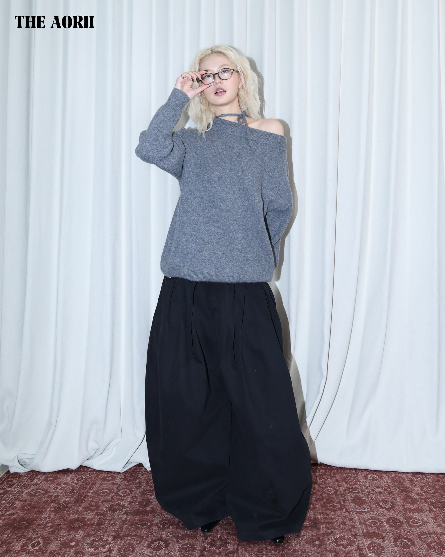 26016 (2color) - 灰 8%羊毛斜肩綁帶毛衣