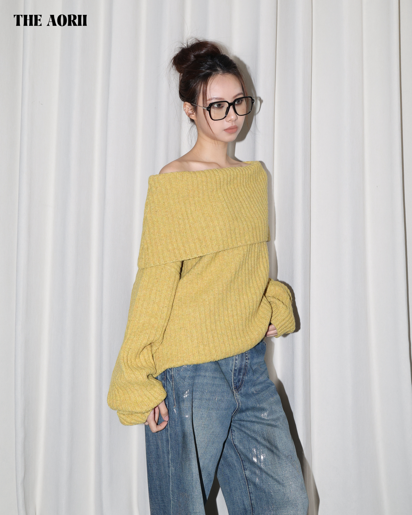 25235(2color) - 黃 10%羊毛反折一字領針織毛衣