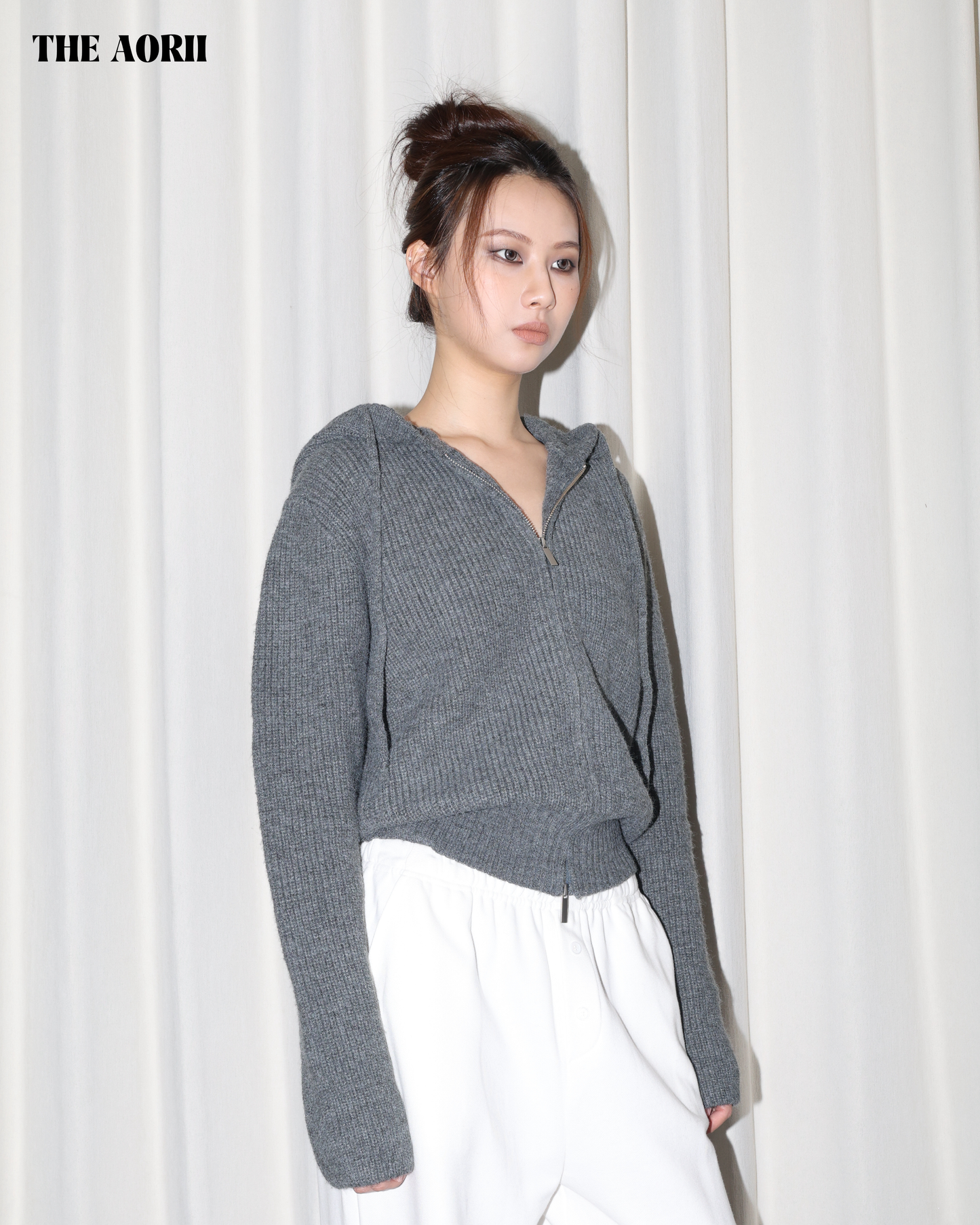 25239(2color) - 灰 連帽雙拉鏈針織外套