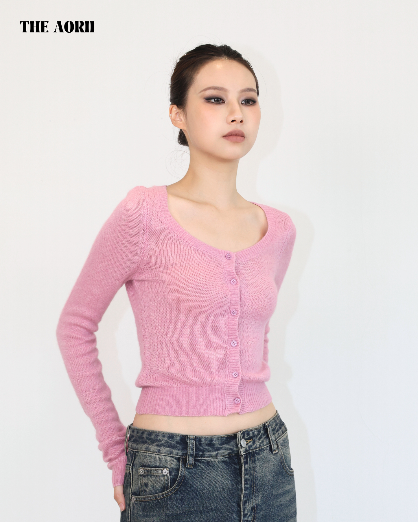 20214(3color) - 粉 羊毛排扣針織長袖上衣