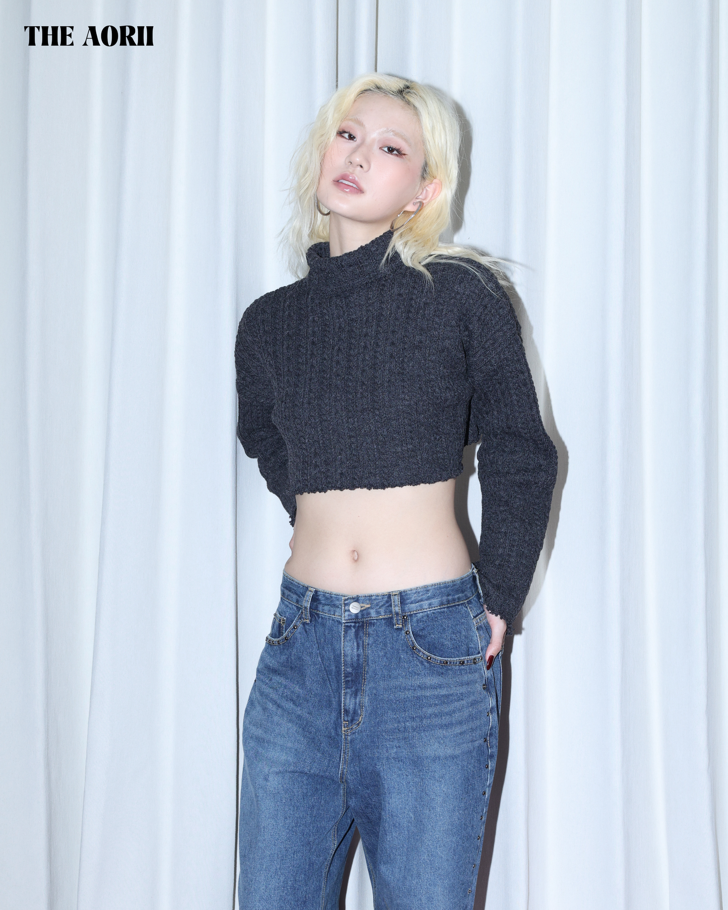 KR25003(2color) - 灰 "正韓"小高領短版針織上衣