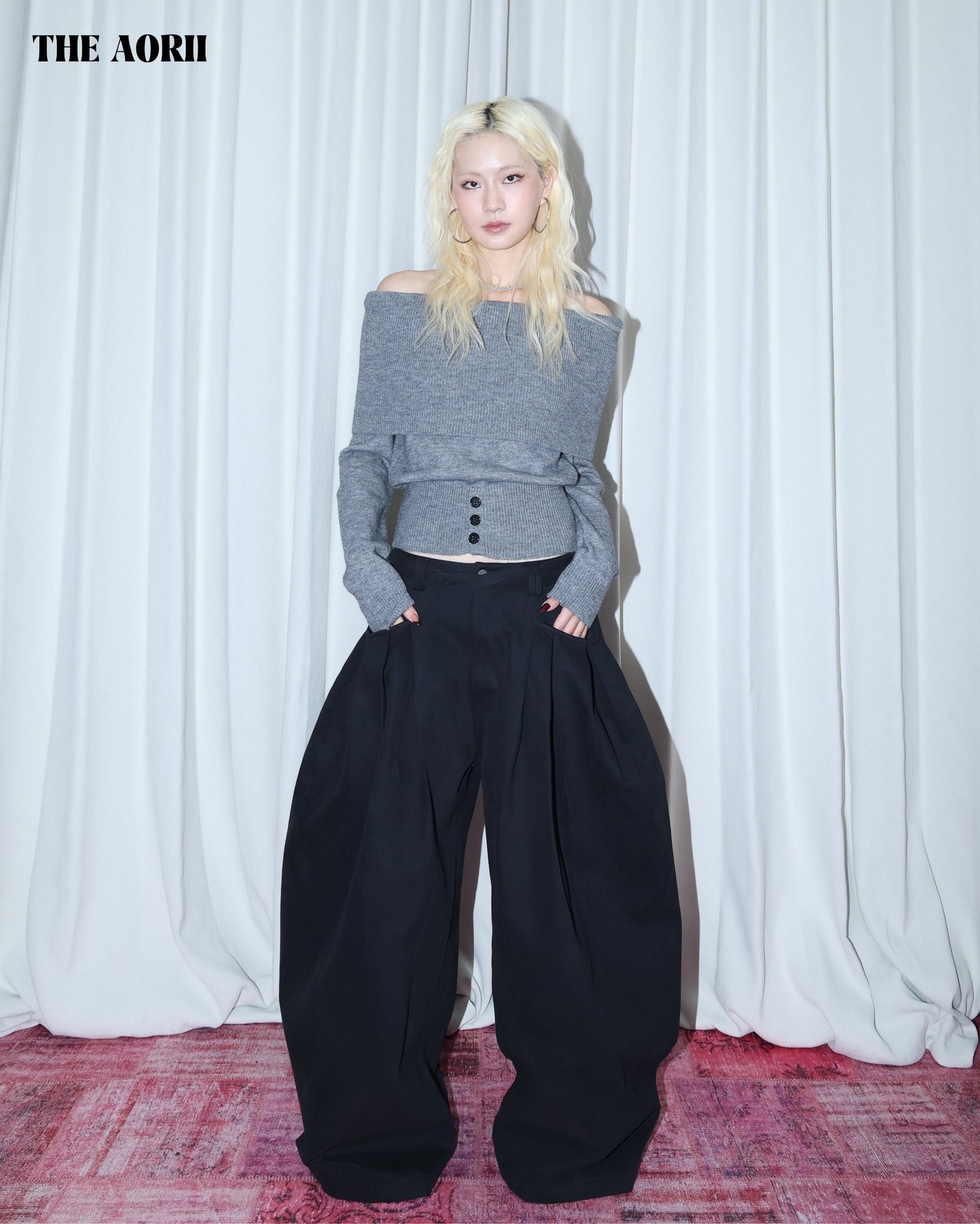 25280(2color) - 灰 一字領反折收腰長袖針織上衣