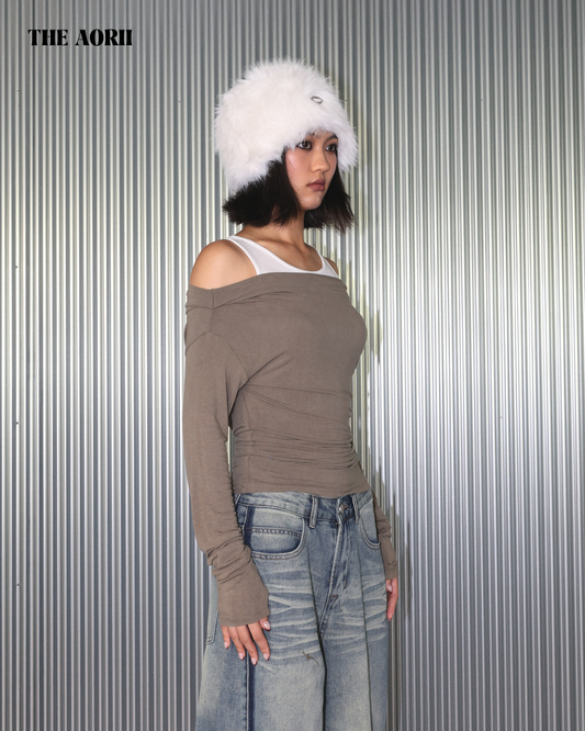 20223(2color) - 綠 一字領長袖背心兩件套