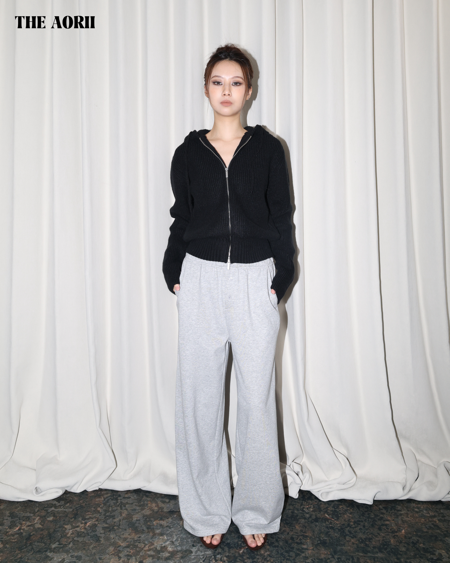 25239(2color) - 黑 連帽雙拉鏈針織外套