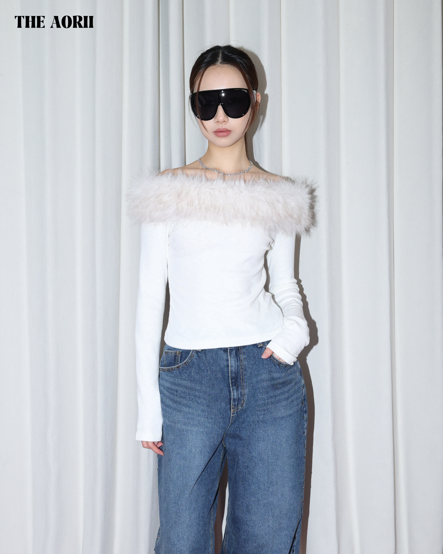 25283 -  混色毛毛一字領長袖上衣(毛毛可拆)