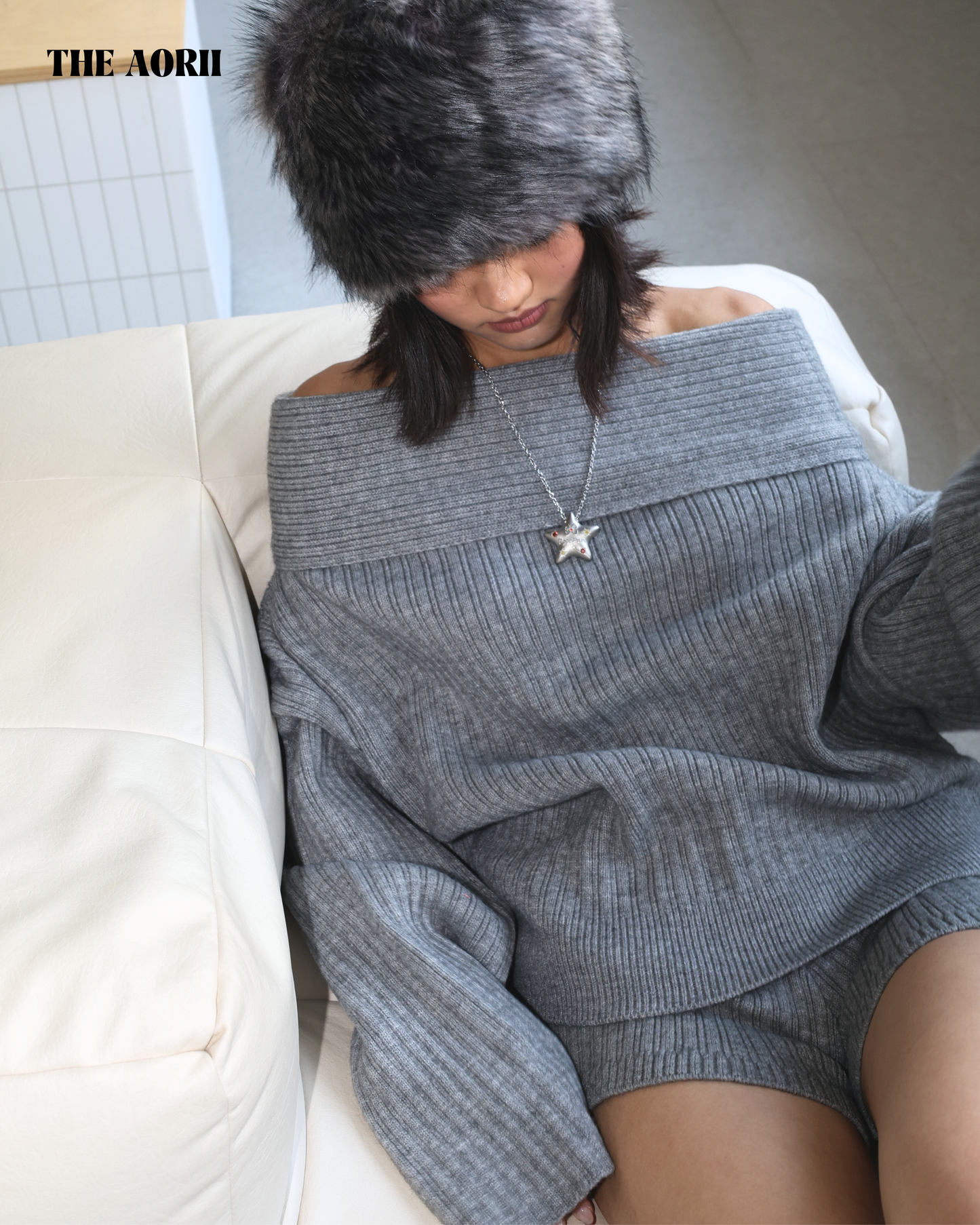 20218 - 一字領針織毛衣短褲套裝