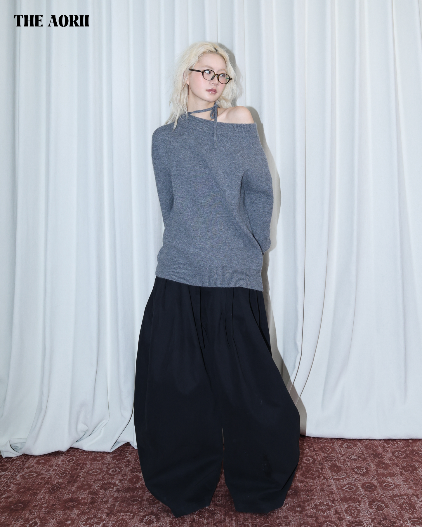 26016 (2color) - 灰 8%羊毛斜肩綁帶毛衣