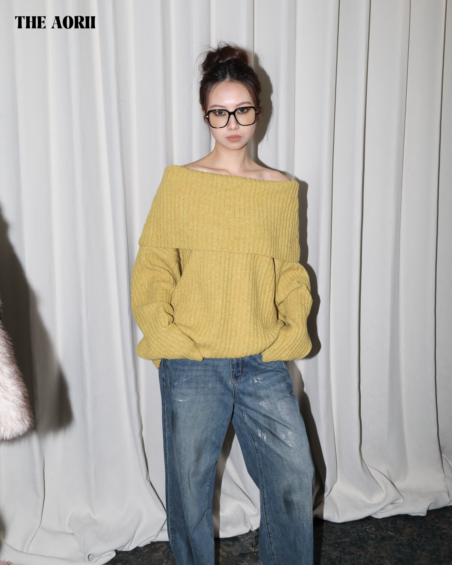 25235(2color) - 黃 10%羊毛反折一字領針織毛衣