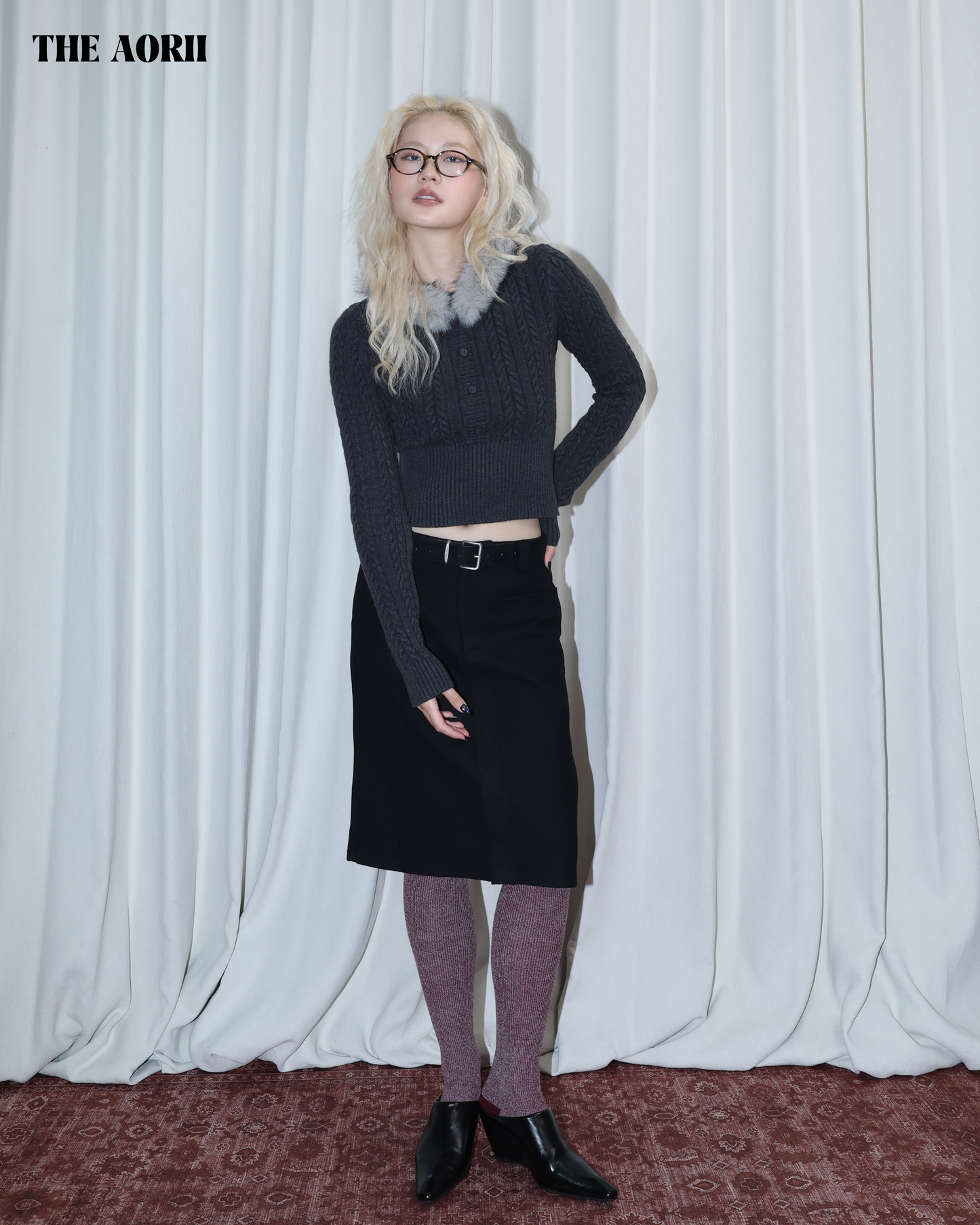 26002 (2color) - 灰 毛毛針織排扣收腰長袖上衣(毛毛可拆)