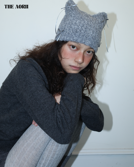 25273(4color) - 灰 15%羊毛蝴蝶結貓耳針織帽