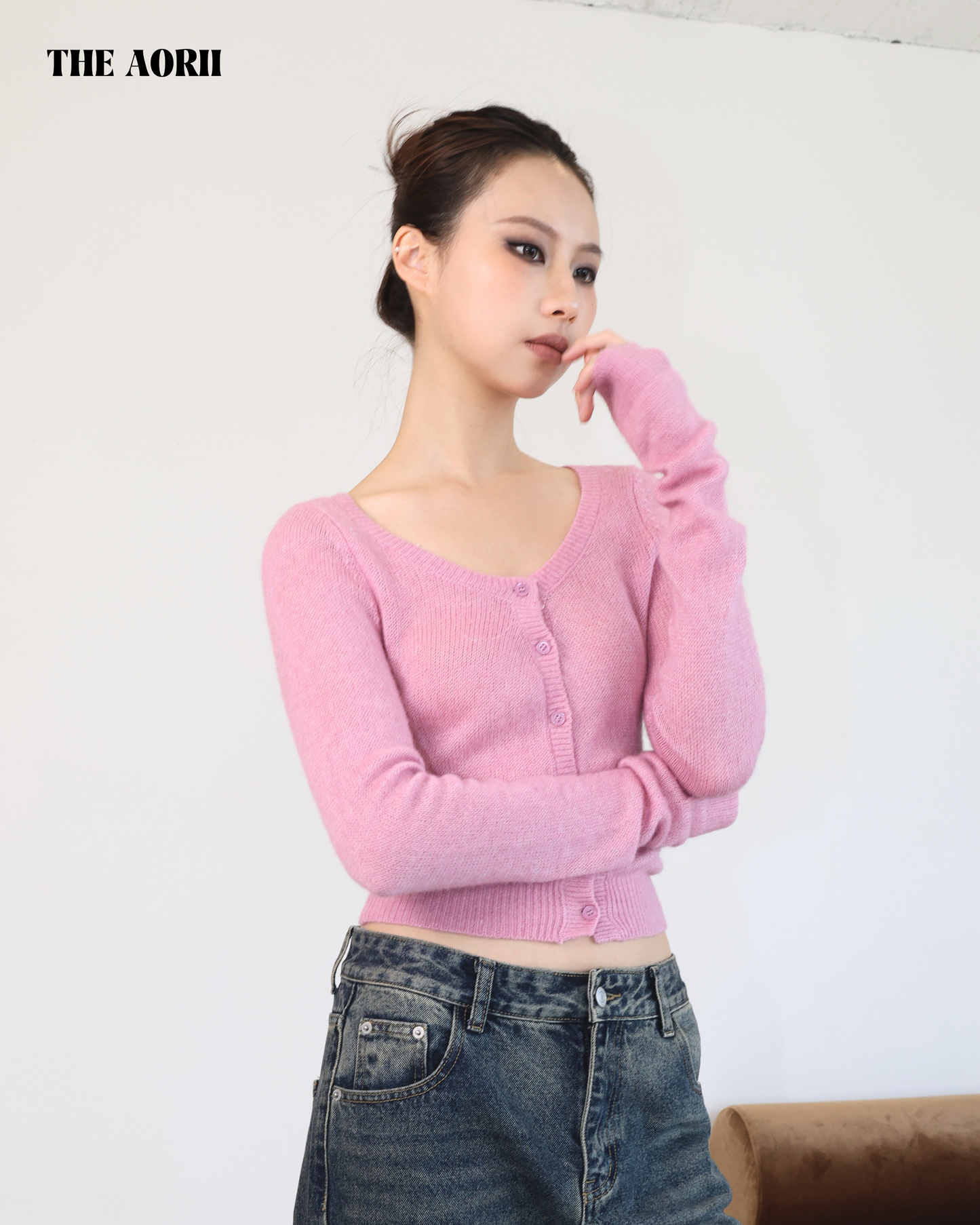 20214(3color) - 粉 羊毛排扣針織長袖上衣