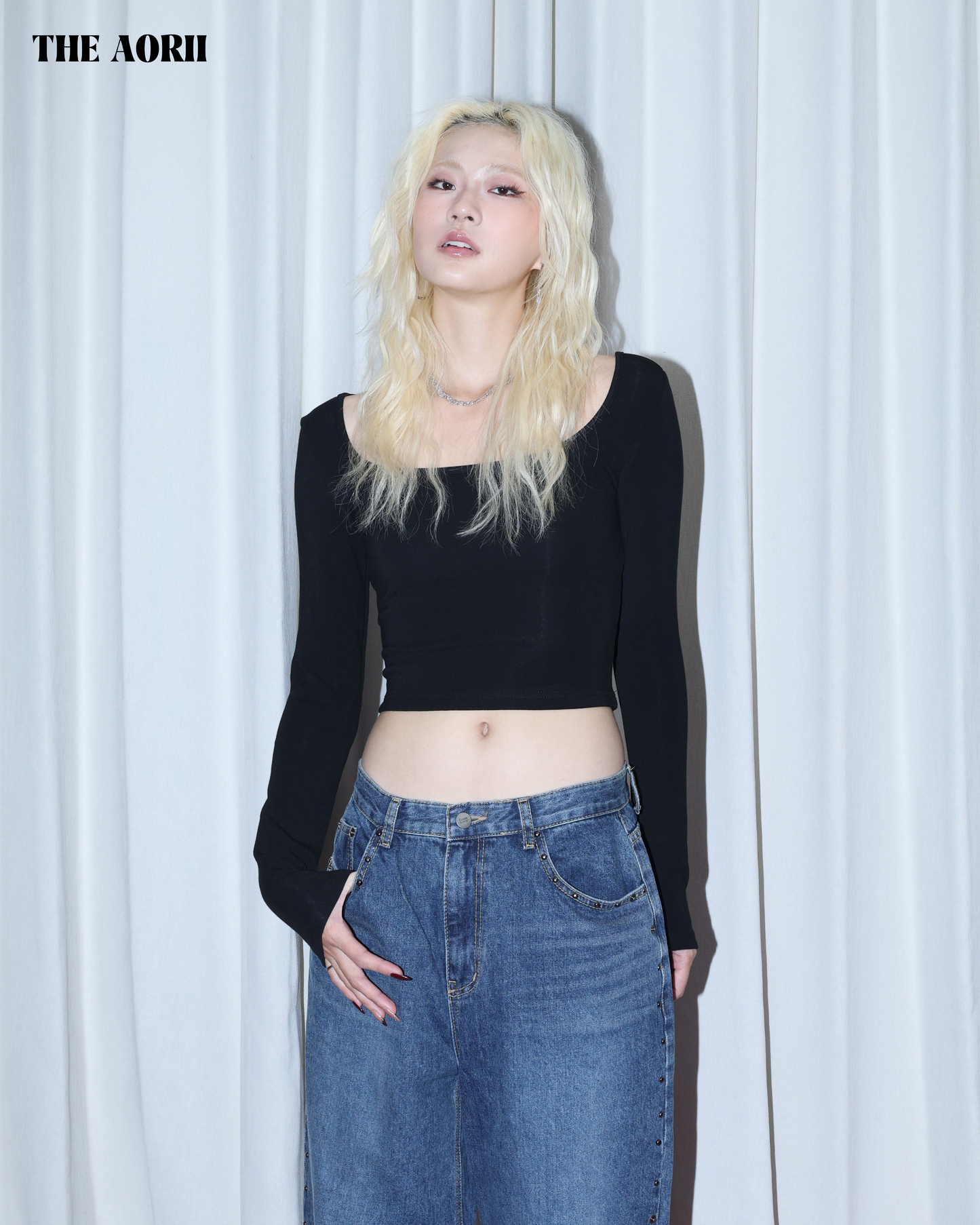 25277(4color) -  黑 方領修上刷毛長袖上衣（薄款）