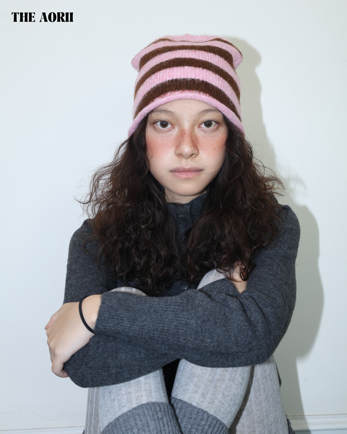 25275(2color) - 粉 6%羊毛條紋捲邊針織帽