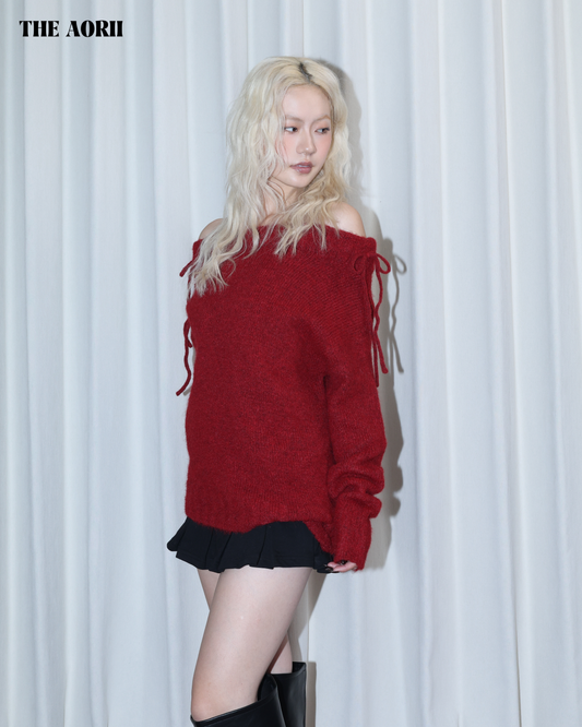 26009 (2color) - 紅 5%羊毛一字領綁帶毛衣