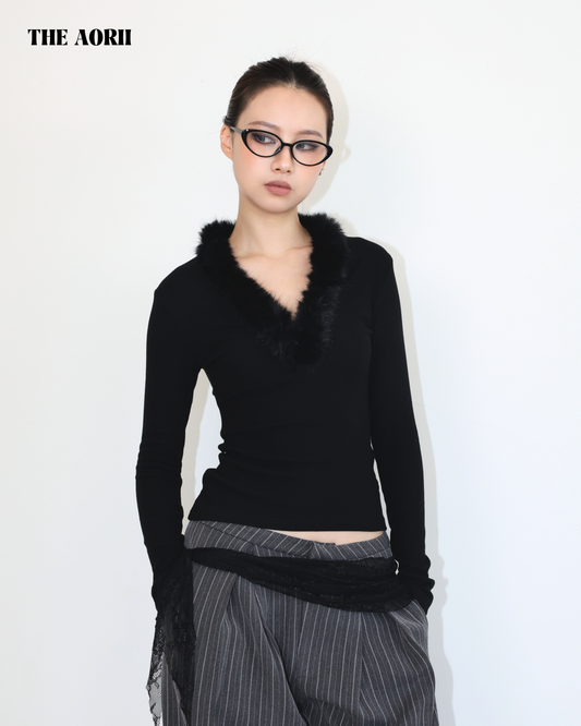 20222(2color) - 黑 毛毛Ｖ領長袖修身上衣