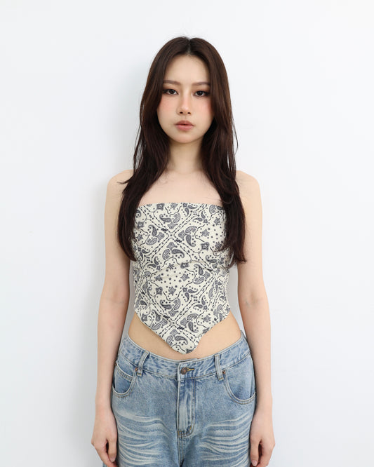 25058 - 復古印花綁帶彈力抹胸上衣
