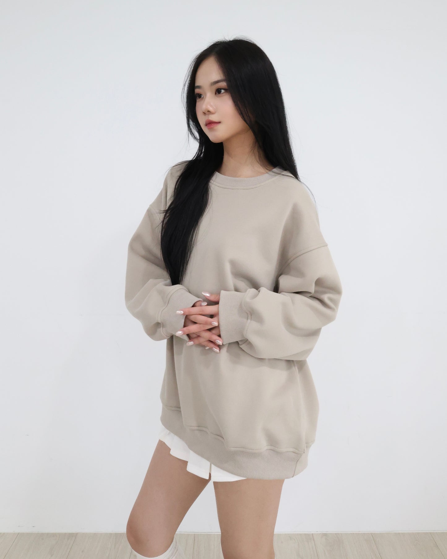 25024(2color) - 杏 超舒服加絨圓領長袖衛衣