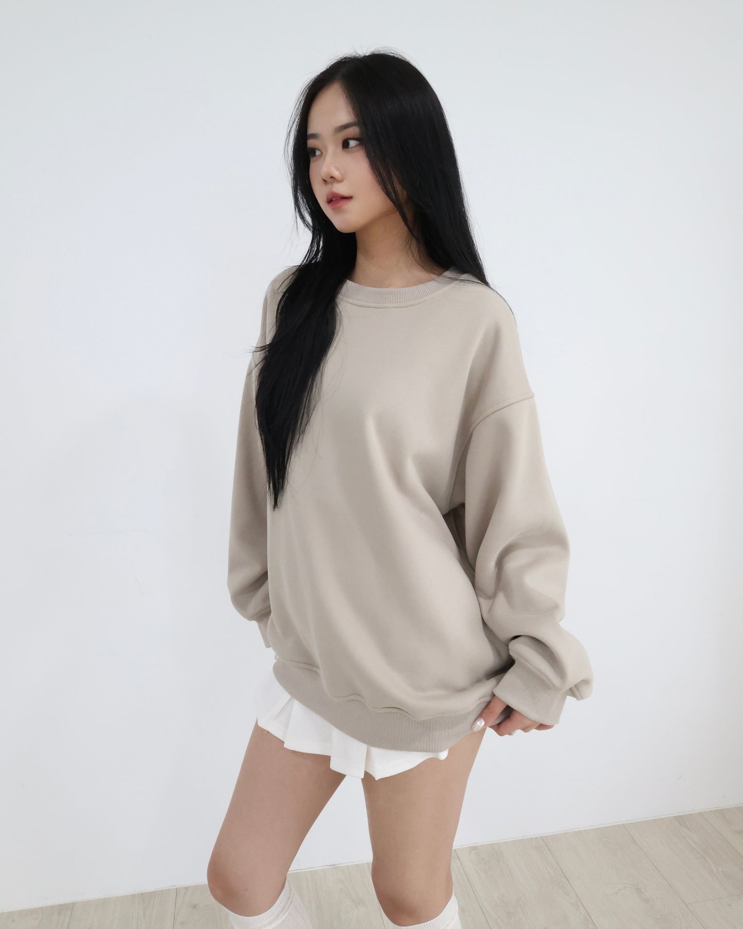 25024(2color) - 杏 超舒服加絨圓領長袖衛衣